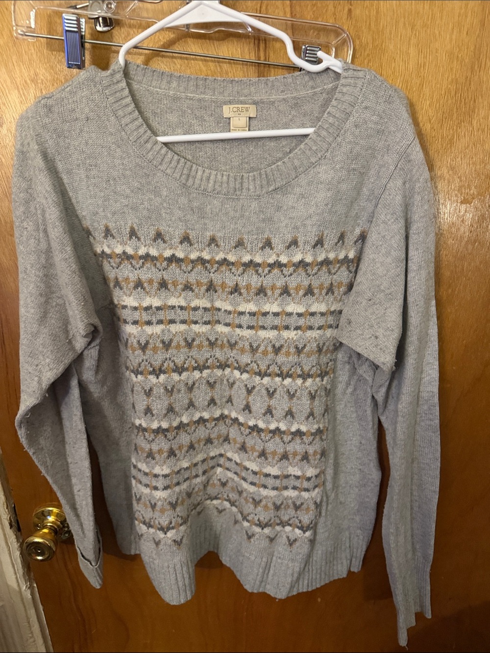 J. Crew Light Gray Fair Isle Crewneck Sweater with Cream and Tan Pattern